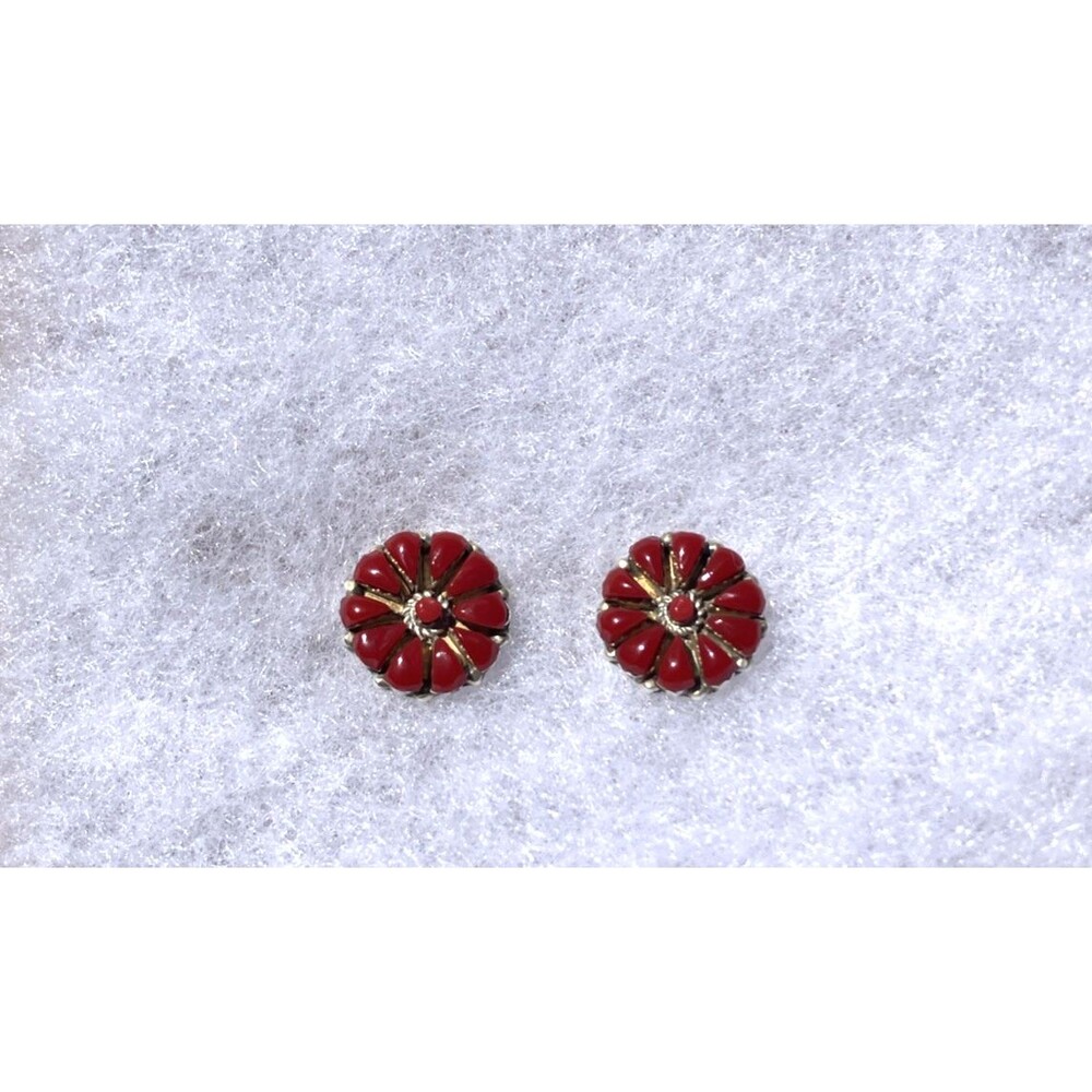 VTG Sterling Silver SC Hallmarked Red Inlay Flower Stud Earrings Southwest Style